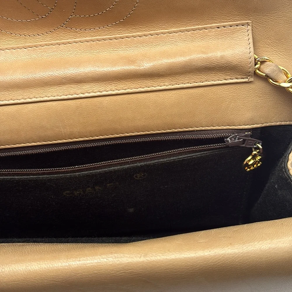 CHANEL HALF MOON BIEGE DOUBLE FLAP QUILTED CC GOLD HW LAMBSKIN SHOULDER BAG